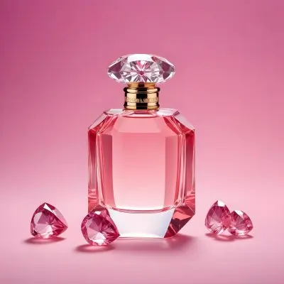 A Pink Perfume Bottle With A Diamond Cap Accompanied By Three Pink Gems Set Against A Gradient Pink Background 38 6d82