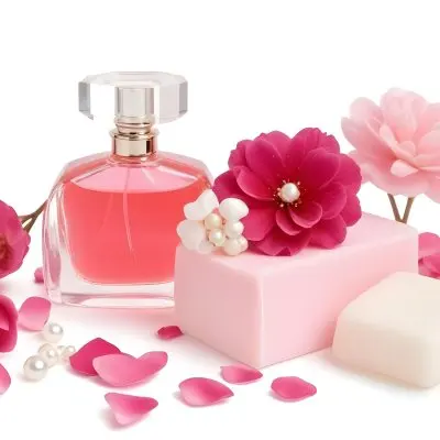 A Pink Perfume Bottle With A Glass Stopper A White Flower A White Soap And Some Pearls On A Pink Background 11 Ffc0
