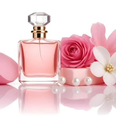 A Pink Perfume Bottle With A Glass Stopper A White Flower A White Soap And Some Pearls On A Pink Background 17 32ee