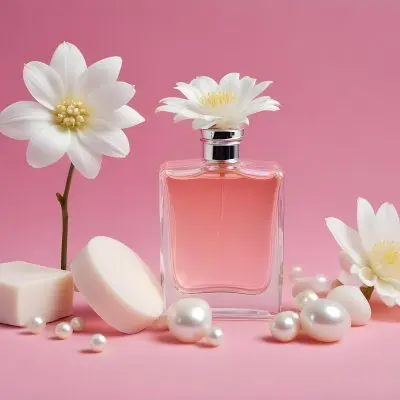 A Pink Perfume Bottle With A Glass Stopper A White Flower A White Soap And Some Pearls On A Pink Background 19 Ac70