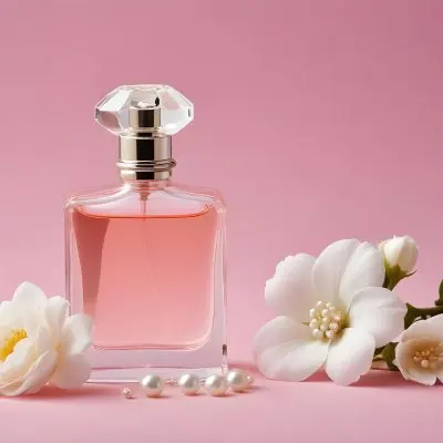 A Pink Perfume Bottle With A Glass Stopper A White Flower A White Soap And Some Pearls On A Pink Background 20 F908