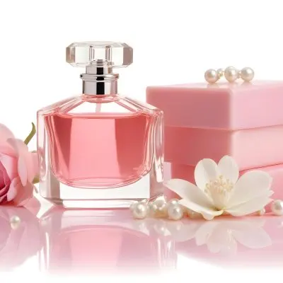 A Pink Perfume Bottle With A Glass Stopper A White Flower A White Soap And Some Pearls On A Pink Background 24 95d7