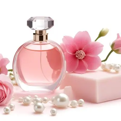 A Pink Perfume Bottle With A Glass Stopper A White Flower A White Soap And Some Pearls On A Pink Background 26 2d9e