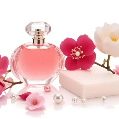 A Pink Perfume Bottle With A Glass Stopper A White Flower A White Soap And Some Pearls On A Pink Background 3 Dfd0