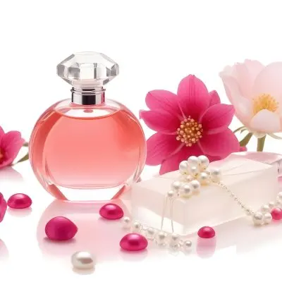 A Pink Perfume Bottle With A Glass Stopper A White Flower A White Soap And Some Pearls On A Pink Background 39 8a4e
