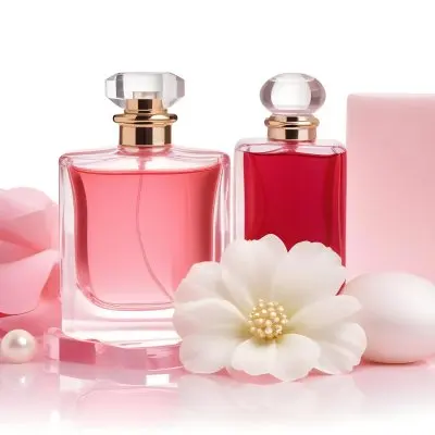A Pink Perfume Bottle With A Glass Stopper A White Flower A White Soap And Some Pearls On A Pink Background 41 2fb5