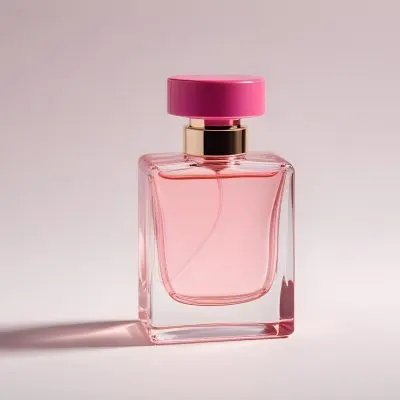 A Pink Perfume Bottle With A Metallic Pink Cap Simple Square Design On A White Background Minimalist Aesthetic Soft Lighting Product Photography 1 4037