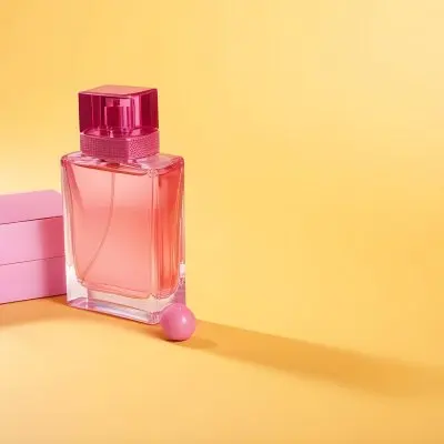 A Pink Perfume Bottle With A Pink Cap Next To A Pink Box On A Pink Surface 13 4078