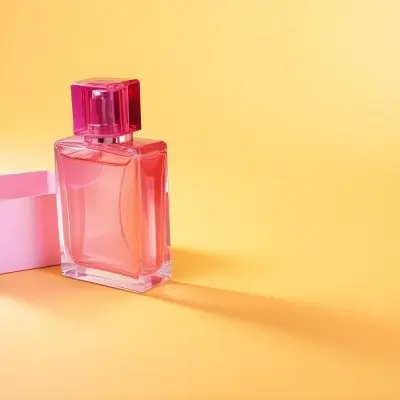 A Pink Perfume Bottle With A Pink Cap Next To A Pink Box On A Pink Surface 34 Df54