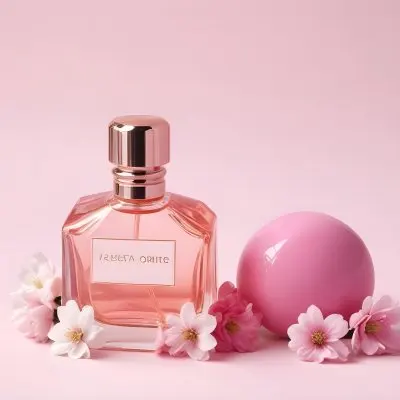 A Pink Perfume Bottle With A Pink Cap Surrounded By Pink And White Flowers On A Pink Surface 16 36ea