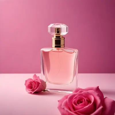 A Pink Perfume Bottle With A Rose On A Pink Background 24 4e0c