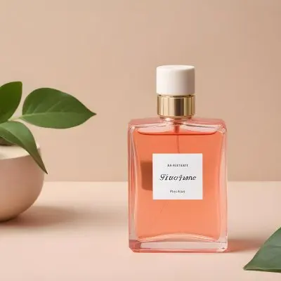 A Pink Perfume Bottle With A White Label And A Green Plant On A Beige Background 6 Cf85
