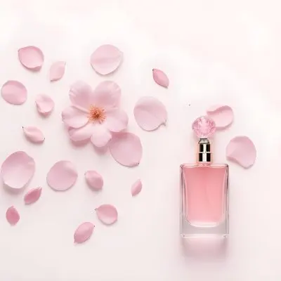A Pink Perfume Bottle With Its Cap Next To It Surrounded By Pink Flower Petals On A Pink Background 29 7e48