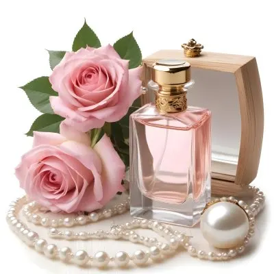 A Pink Rose Bouquet A Glass Perfume Bottle And A Pearl Necklace On A White Background 10 39dd