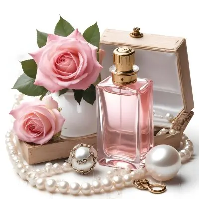 A Pink Rose Bouquet A Glass Perfume Bottle And A Pearl Necklace On A White Background 12 E988