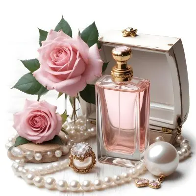 A Pink Rose Bouquet A Glass Perfume Bottle And A Pearl Necklace On A White Background 13 53c8