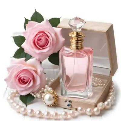 A Pink Rose Bouquet A Glass Perfume Bottle And A Pearl Necklace On A White Background 14 8564