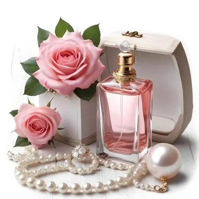 A Pink Rose Bouquet A Glass Perfume Bottle And A Pearl Necklace On A White Background 6 D61e