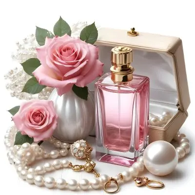 A Pink Rose Bouquet A Glass Perfume Bottle And A Pearl Necklace On A White Background 9 A688
