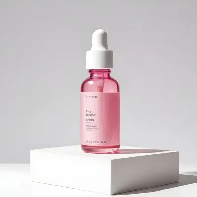 A Pink Serum Bottle With A White Dropper On A White Podium White Background 9 3983
