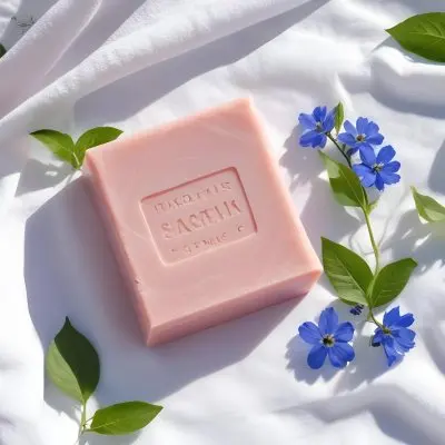 A Pink Soap Bar With Green Leaves On A White Towel Surrounded By Blue Flowers In Bright Sunlight 11 6ca2