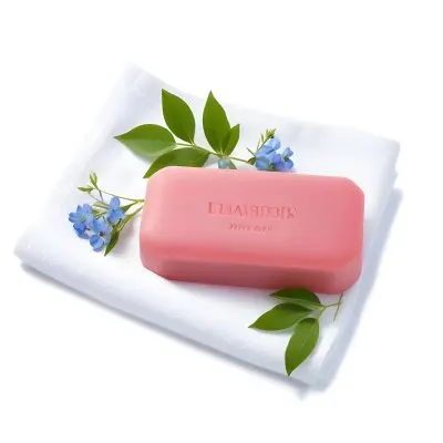 A Pink Soap Bar With Green Leaves On A White Towel Surrounded By Blue Flowers In Bright Sunlight 13 D597
