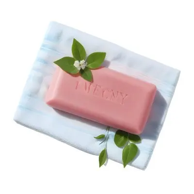 A Pink Soap Bar With Green Leaves On A White Towel Surrounded By Blue Flowers In Bright Sunlight 16 C13a