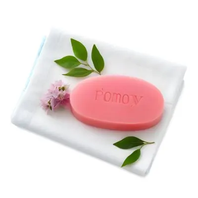 A Pink Soap Bar With Green Leaves On A White Towel Surrounded By Blue Flowers In Bright Sunlight 37 16ed