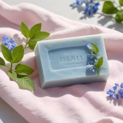 A Pink Soap Bar With Green Leaves On A White Towel Surrounded By Blue Flowers In Bright Sunlight 5 1f01