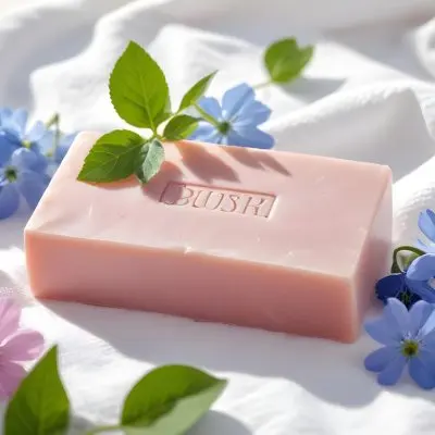 A Pink Soap Bar With Green Leaves On A White Towel Surrounded By Blue Flowers In Bright Sunlight 62 E6ad