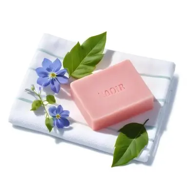 A Pink Soap Bar With Green Leaves On A White Towel Surrounded By Blue Flowers In Bright Sunlight 8 Ef2c