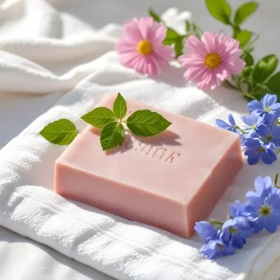 A Pink Soap Bar With Green Leaves On A White Towel Surrounded By Blue Flowers In Bright Sunlight 9 De4a