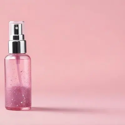 A Pink Spray Bottle With Silver Details And A Transparent Cap The Bottle Is Filled With A Pink Liquid With Silver Glitters Pink Background 28 07cd