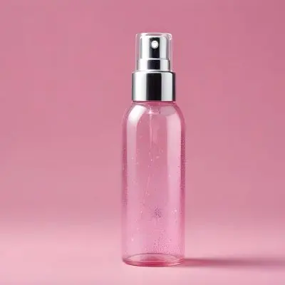 A Pink Spray Bottle With Silver Details And A Transparent Cap The Bottle Is Filled With A Pink Liquid With Silver Glitters Pink Background 3 E711