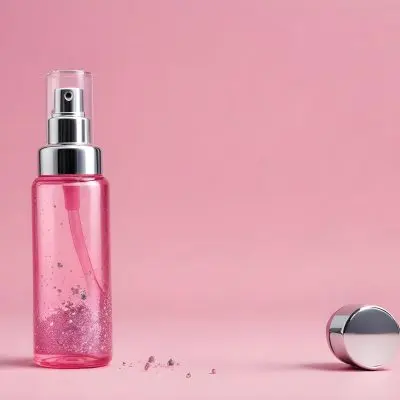 A Pink Spray Bottle With Silver Details And A Transparent Cap The Bottle Is Filled With A Pink Liquid With Silver Glitters Pink Background 4 2ede
