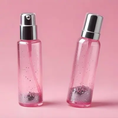A Pink Spray Bottle With Silver Details And A Transparent Cap The Bottle Is Filled With A Pink Liquid With Silver Glitters Pink Background 52 0dd3