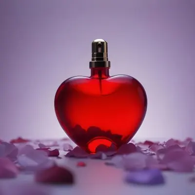 A Purple Heart Shaped Perfume Bottle With A Red Cap Surrounded By Scattered Pink Flower Petals Against A Soft Red Background 10 F258