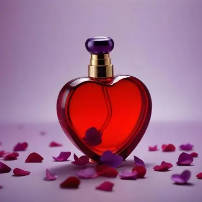 A Purple Heart Shaped Perfume Bottle With A Red Cap Surrounded By Scattered Pink Flower Petals Against A Soft Red Background 5 017e