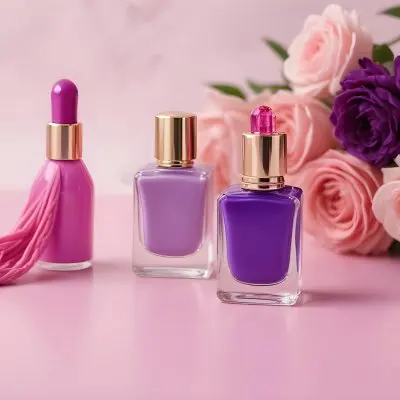A Purple Nail Polish Bottle And A Pink Perfume Bottle With Tassel On A Pink Surface Purple Flowers In The Background 19 3307