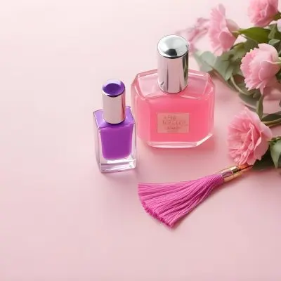 A Purple Nail Polish Bottle And A Pink Perfume Bottle With Tassel On A Pink Surface Purple Flowers In The Background 31 46ff