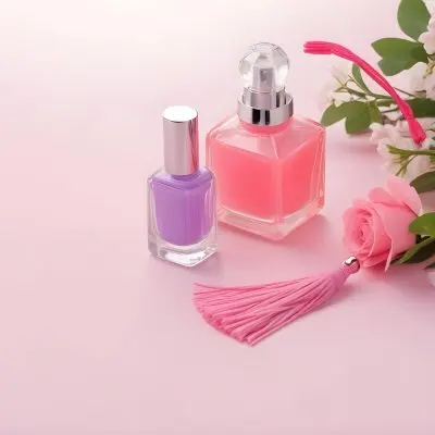 A Purple Nail Polish Bottle And A Pink Perfume Bottle With Tassel On A Pink Surface Purple Flowers In The Background 36 Aeb6