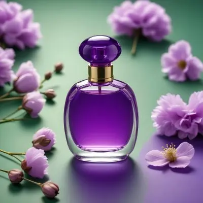 A Purple Perfume Bottle With A Round Cap On A Purple Surface With Purple Cotton Flowers In The Background Green Background 10 61ec