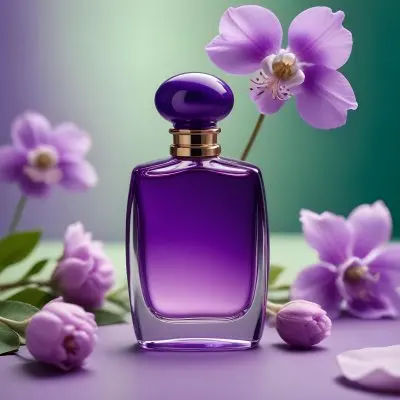 A Purple Perfume Bottle With A Round Cap On A Purple Surface With Purple Cotton Flowers In The Background Green Background 21 F9b2