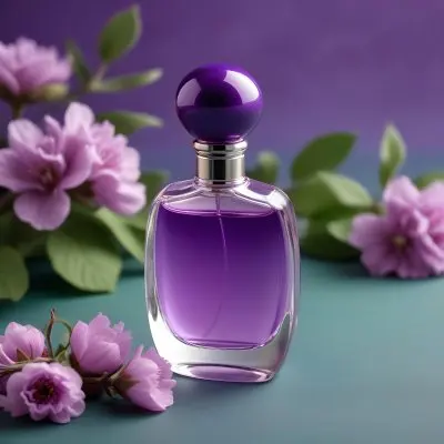 A Purple Perfume Bottle With A Round Cap On A Purple Surface With Purple Cotton Flowers In The Background Green Background 36 2ceb