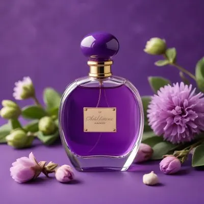 A Purple Perfume Bottle With A Round Cap On A Purple Surface With Purple Cotton Flowers In The Background Green Background 38 591b