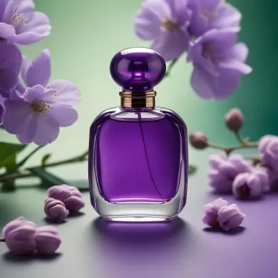 A Purple Perfume Bottle With A Round Cap On A Purple Surface With Purple Cotton Flowers In The Background Green Background 5 6dde