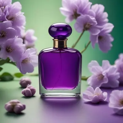 A Purple Perfume Bottle With A Round Cap On A Purple Surface With Purple Cotton Flowers In The Background Green Background 8 C543