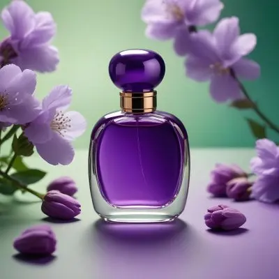 A Purple Perfume Bottle With A Round Cap On A Purple Surface With Purple Cotton Flowers In The Background Green Background 9 57b9