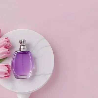 A Purple Perfume Bottle With A Silver Cap Placed On A White Circular Platform Accompanied By Pink Tulips All Against A Light Pink Background 16 Dadc