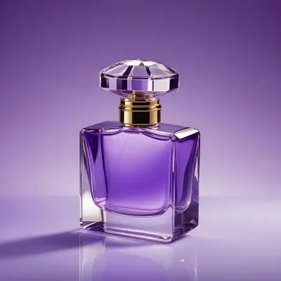 A Purple Perfume Bottle With A Transparent Cap And Golden Neck Placed On A Reflective Surface With A Gradient Purple Background 14 9e95